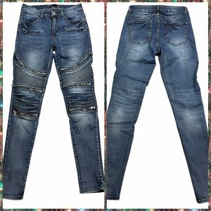 Blue Topic Medium/Dark Wash Zippered Moto Skinny Jeans - Size 7/8